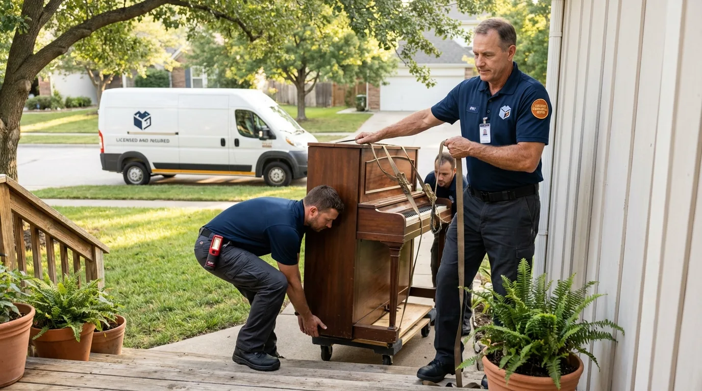 Licensed piano movers securing grand piano in Homestead, FL