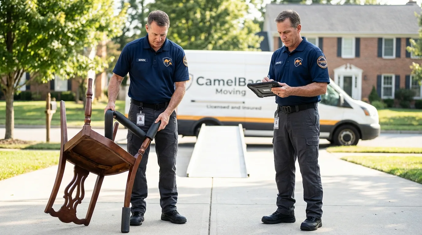 Movers inspecting furniture for damage prevention before loading in Homestead, FL