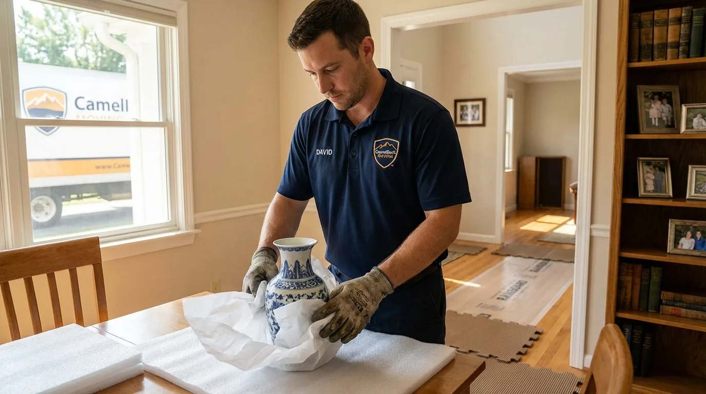 Professional crew carefully wrapping antique vase for senior downsizing move in Homestead, FL